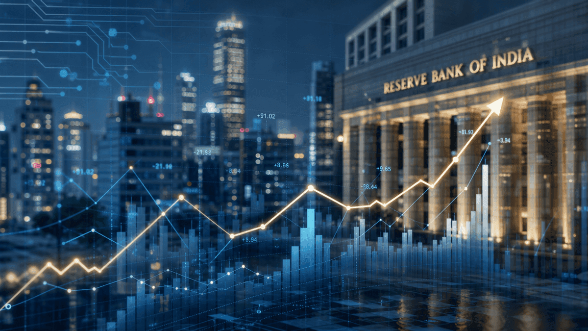 A digital graphic showing financial data lines superimposed over a blurred view of a city skyline and banking building.