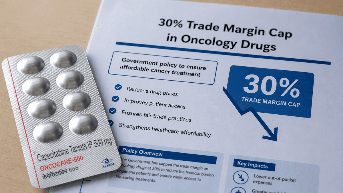 A close-up of a cancer medication blister pack resting on a document detailing the 30 percent trade margin cap policy.