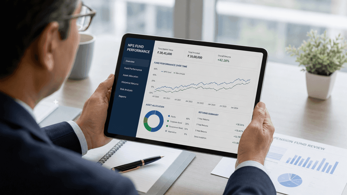 A person holds a tablet displaying financial charts and performance data in a bright office setting.