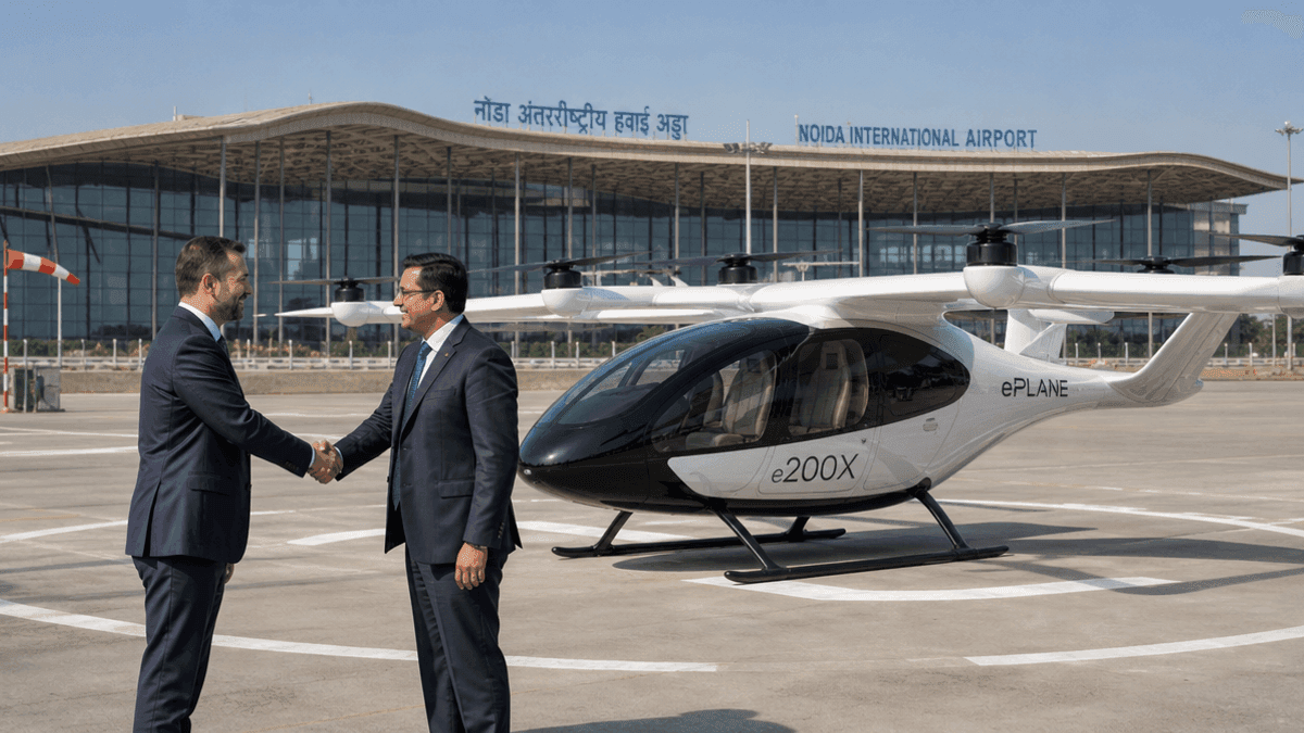 Two people shake hands in front of an e200X electric air taxi parked at a vertiport near Noida International Airport.