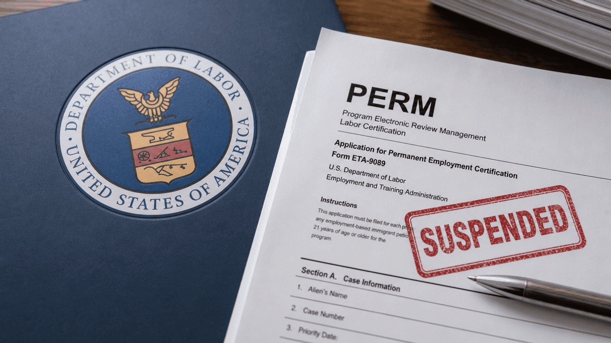 A close-up of a PERM certification document with a red suspension stamp next to a US Department of Labour seal.