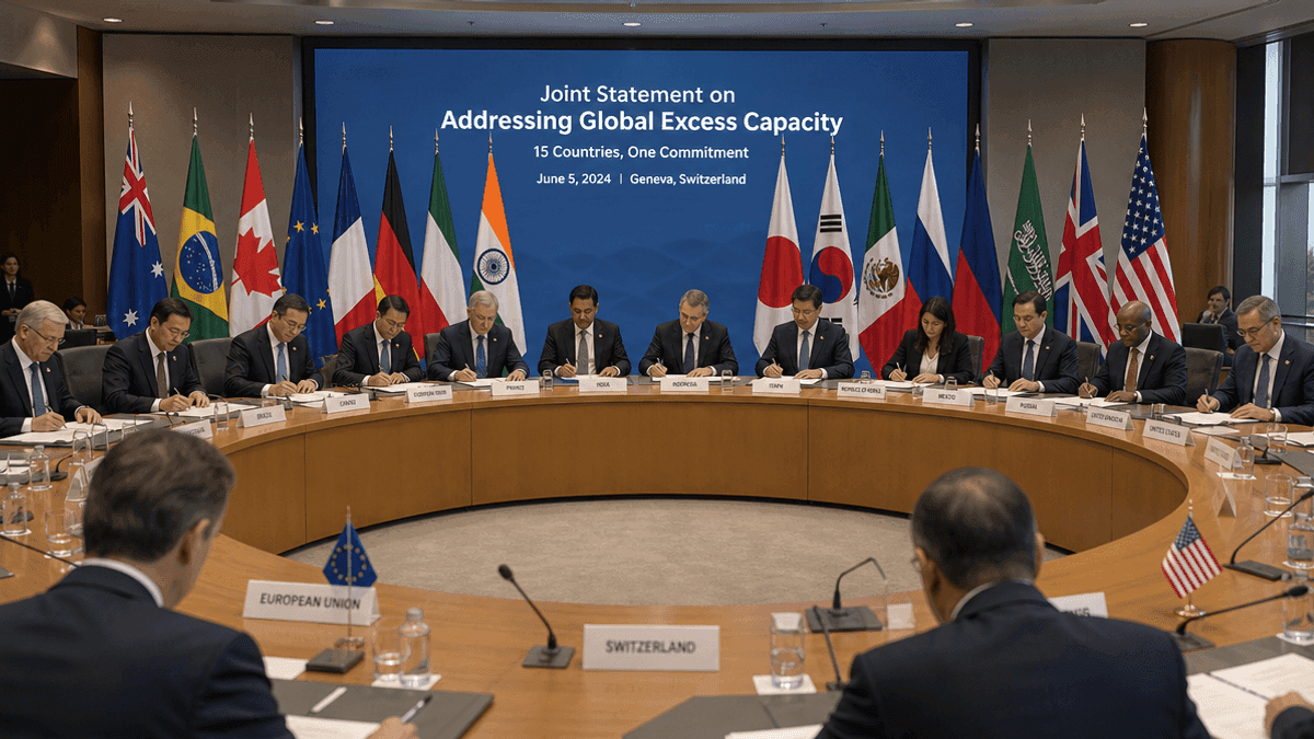 A group of international delegates seated at a large conference table with national flags, signing a trade agreement.