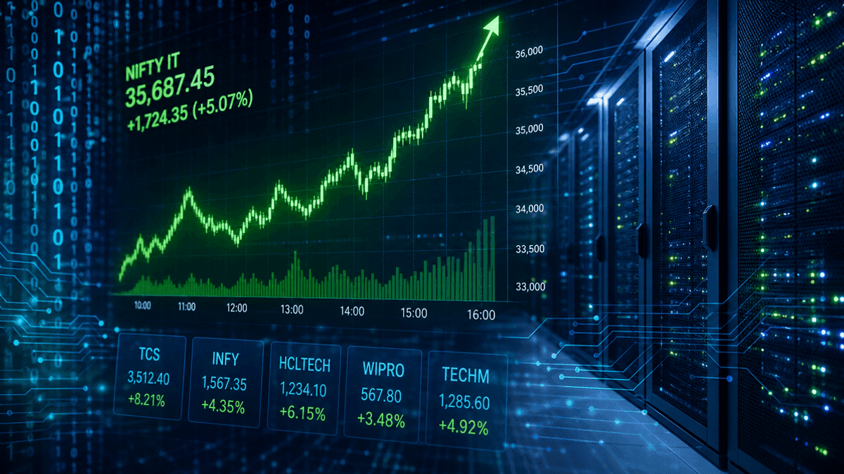 A digital stock market graph trending upward in green, overlaid with abstract technology and binary code patterns.