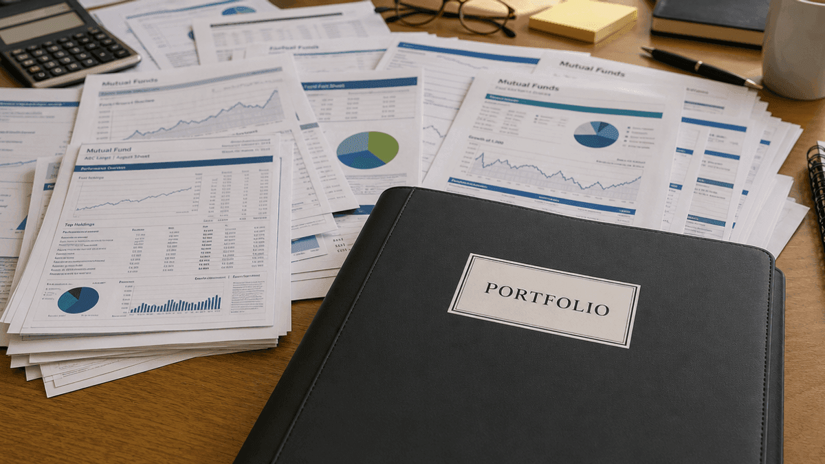 A desk with stacks of documents and charts, with a folder on top.