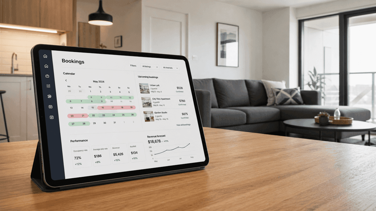 A tablet displaying a booking calendar and pricing data sits on a wooden table inside a modern apartment.