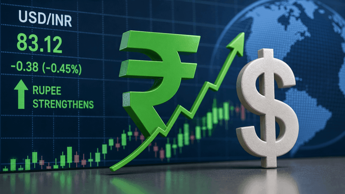 A financial chart showing the Indian rupee symbol rising against the US dollar symbol on a digital display.