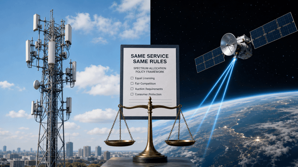 A tower on the left and a satellite on the right with a scale between them.