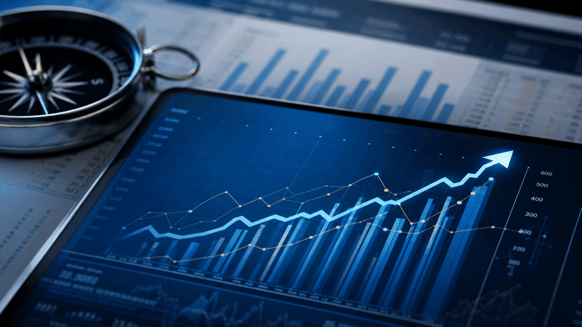 A graphic showing upward-trending financial data lines and geometric shapes on a blue background.