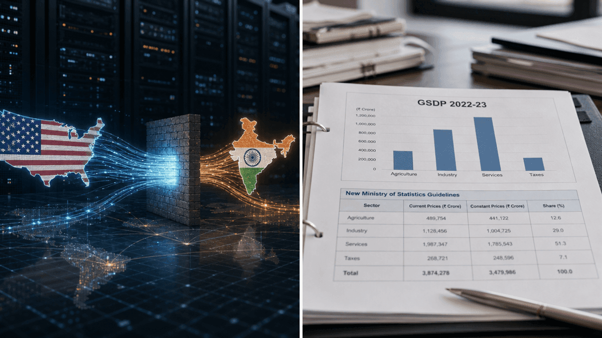 A split-screen image showing digital data streams on the left and a document with economic charts on the right.