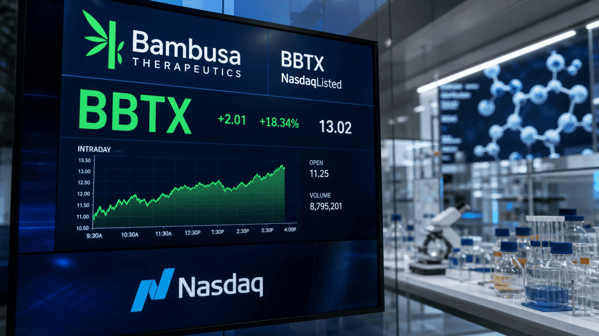 A digital stock ticker display showing the ticker symbol BBTX in green text against a blurred laboratory background.