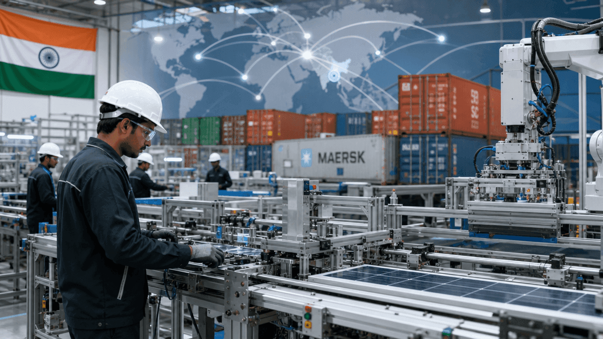 A view of an automated factory floor in India with shipping containers and a global map graphic visible in the background.