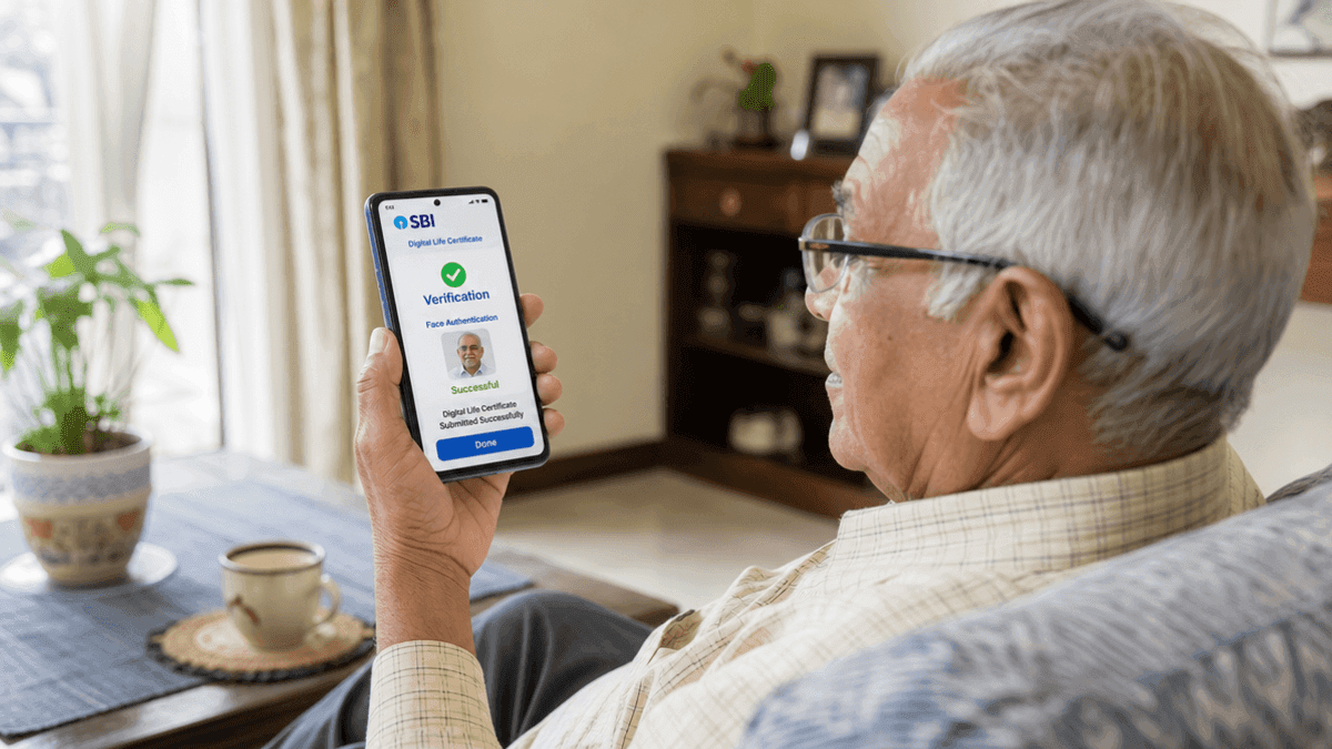 An elderly person holds a smartphone displaying a digital verification interface while sitting in a home setting.