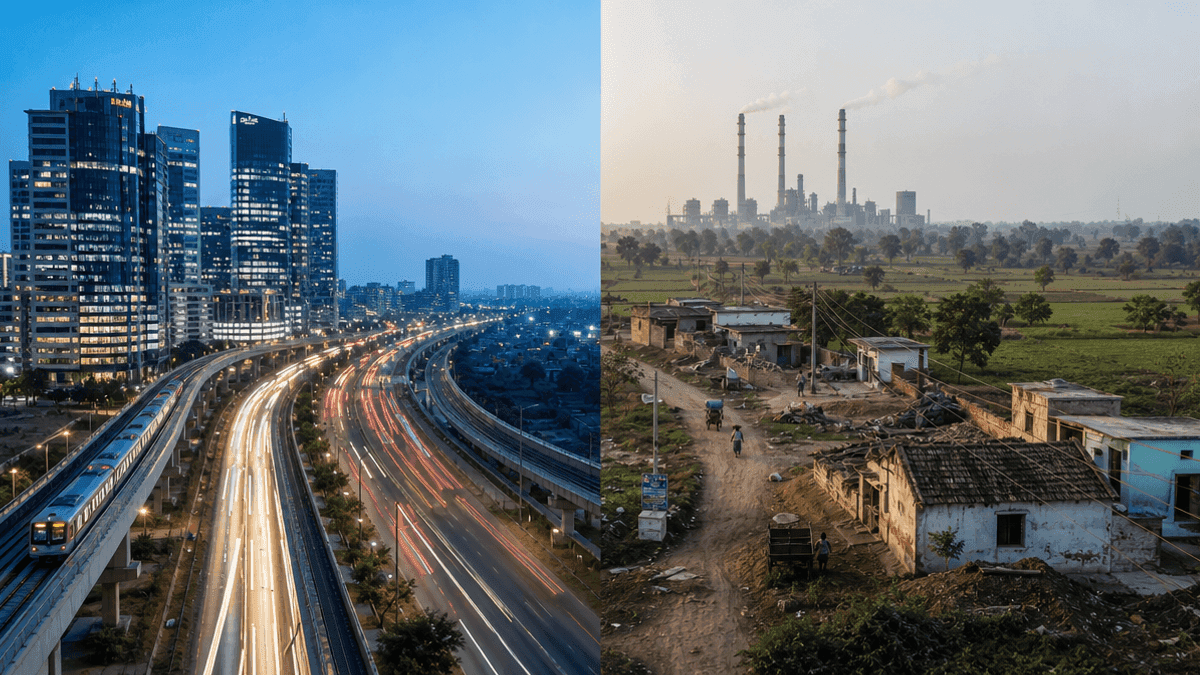 A split-screen image showing a city on the left and a rural area on the right in India, representing economic disparity.
