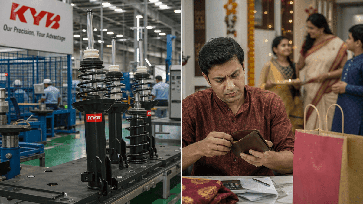A split image showing automotive suspension parts on the left and a person holding a wallet during a festive event on the right.