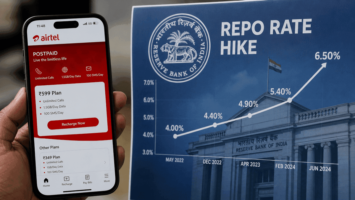 A smartphone showing mobile network data next to a financial graph representing interest rate changes.