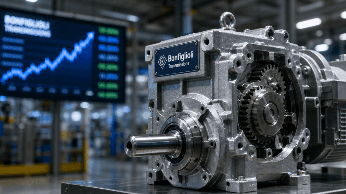 A close-up of a metallic industrial gearbox with gears visible, set against a blurred background of a manufacturing plant.