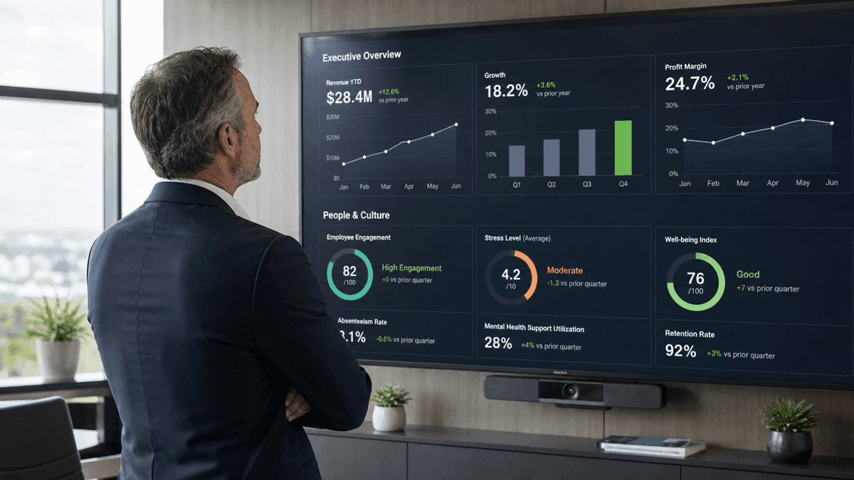 A CEO in an office looks at a screen showing business performance charts alongside employee wellness data.