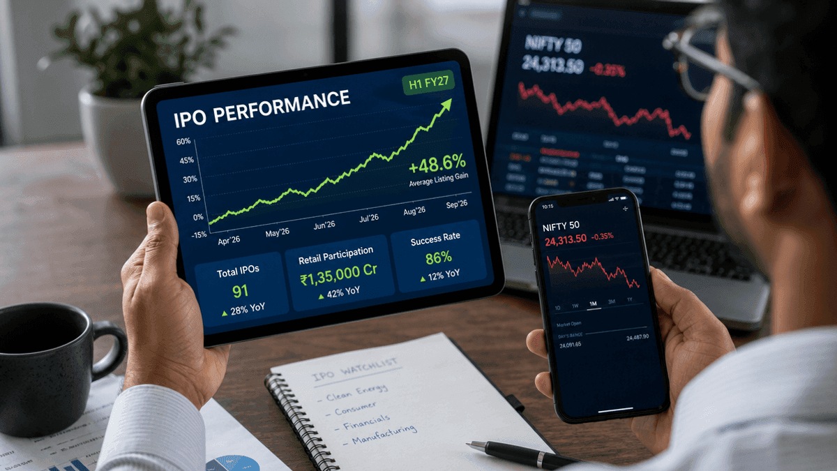A digital financial chart showing an upward trend line labeled IPO Performance on a screen held by a person.