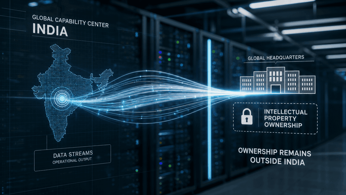 A graphic showing data streams flowing from a server hub in India toward a headquarters icon.