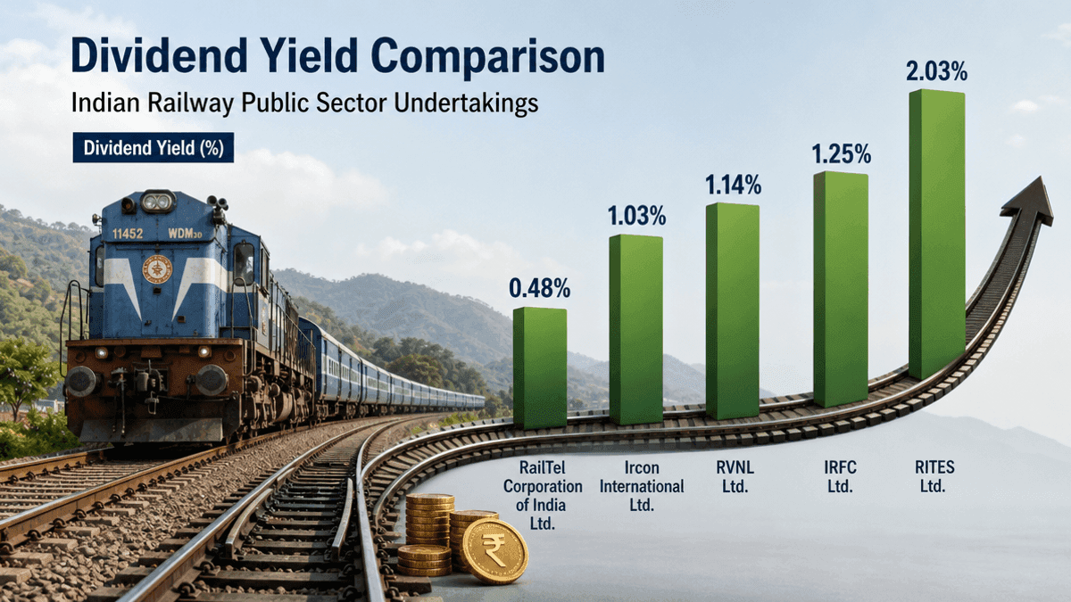 A digital graphic showing a bar chart with five bars representing dividend yields for Indian railway companies.