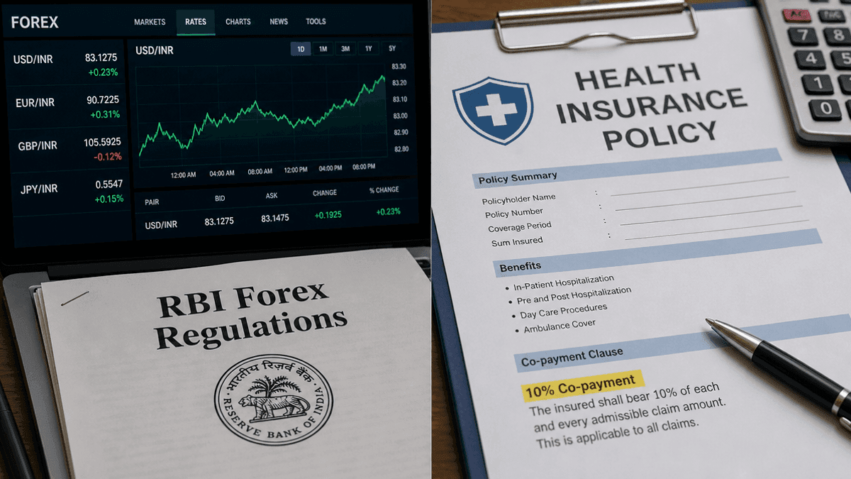 A split image showing a digital forex trading chart on the left and a health insurance policy document on the right.