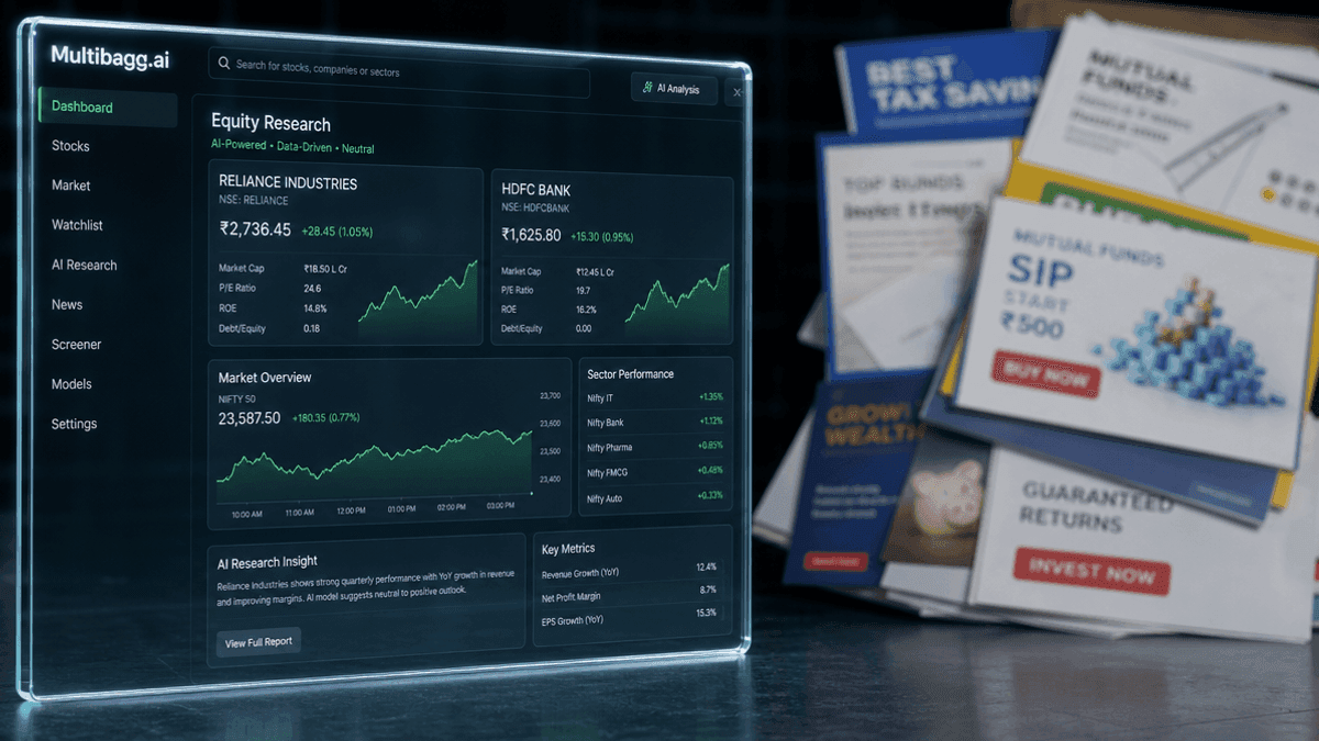 A digital graphic showing a clean AI research dashboard on the left and a stack of financial product brochures on the right.