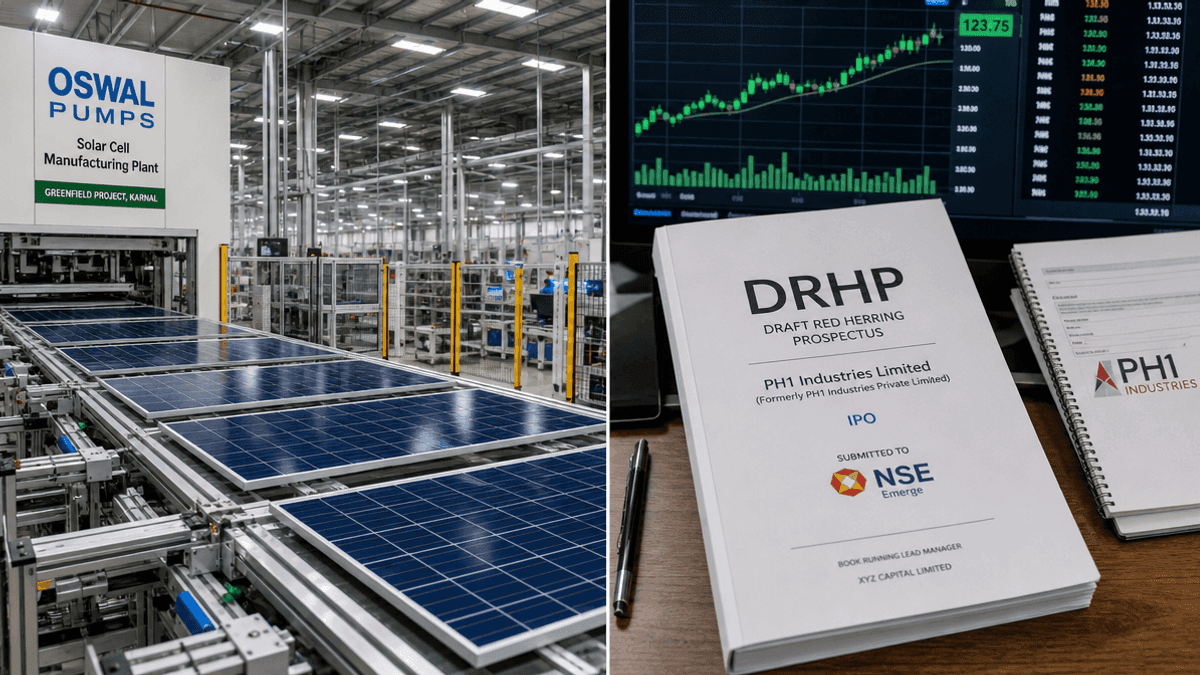 A split image showing a solar panel manufacturing plant on the left and a financial document labeled DRHP on the right.