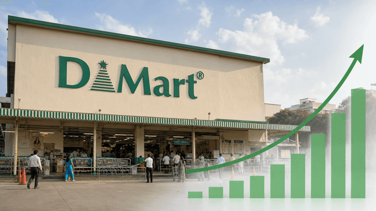 The exterior of a DMart supermarket store with the company logo visible on the building facade.