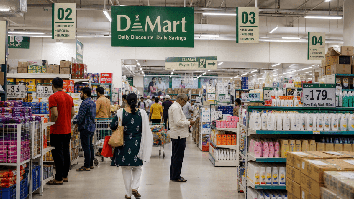 A wide-angle shot of a DMart store interior with stocked shelves and customers walking through aisles.