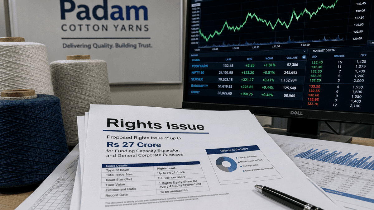 A close-up of a document titled Rights Issue on a desk next to spools of cotton yarn and a computer screen with stock data.