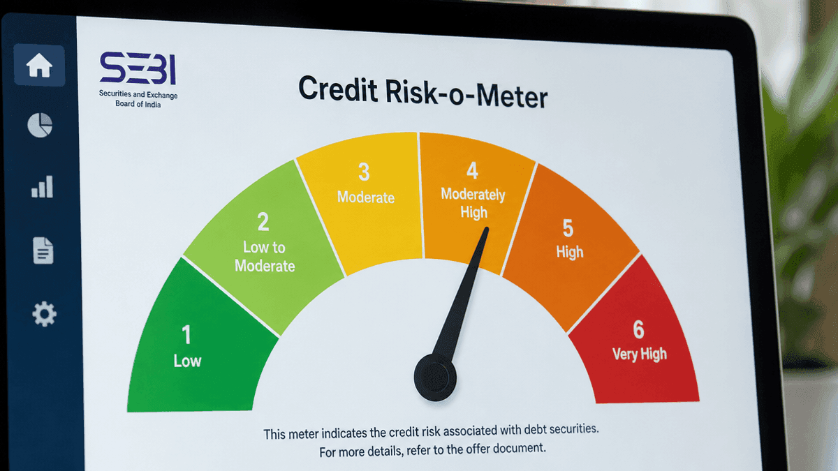A graphic showing a six-tier color-coded gauge ranging from green to red, labeled Credit Risk-o-Meter.