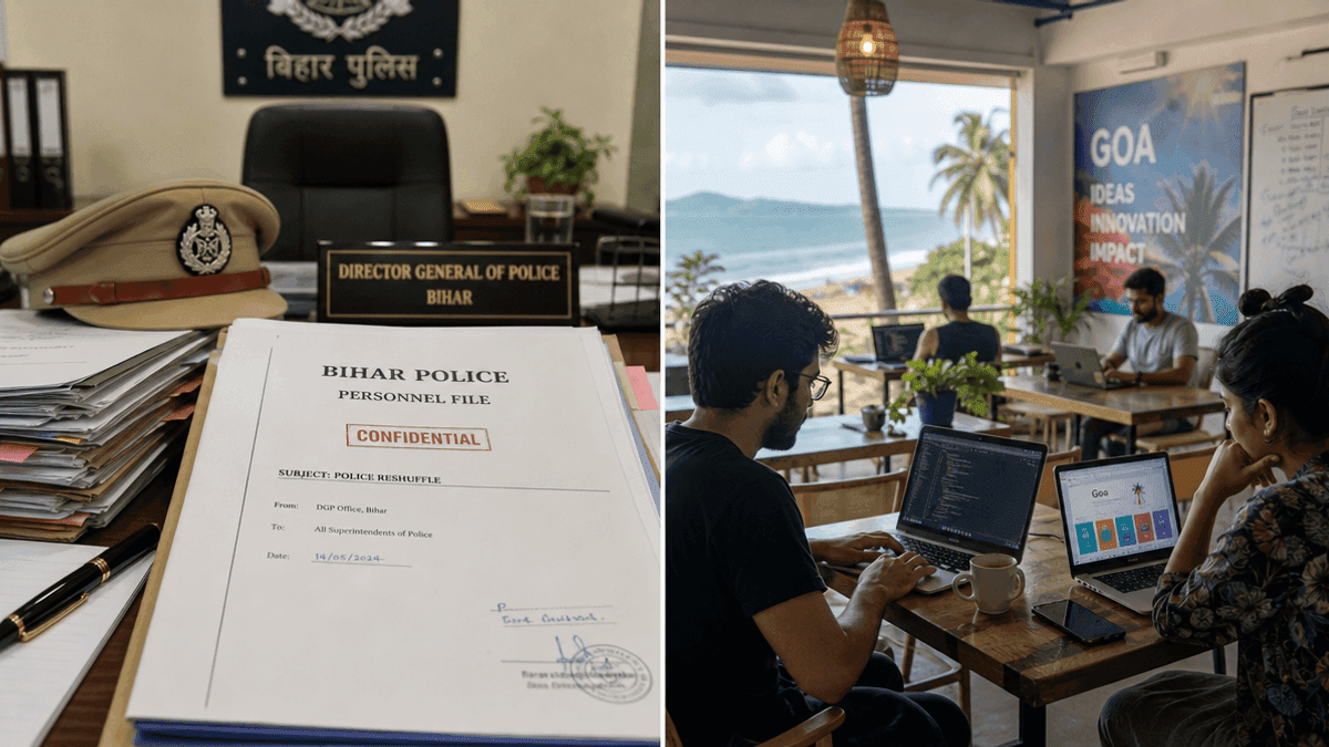 A split image showing police documents on a desk on the left and a modern tech workspace with people on the right.