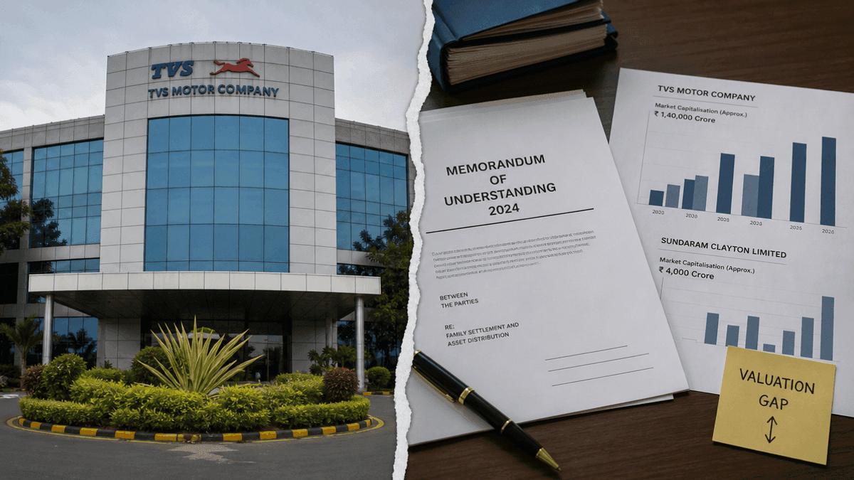A split-screen image showing a corporate office building on one side and legal documents on a desk on the other.