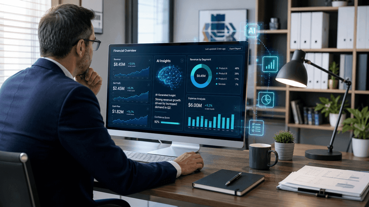 A person at a desk looks at a computer screen displaying financial charts and AI-generated data visualizations.