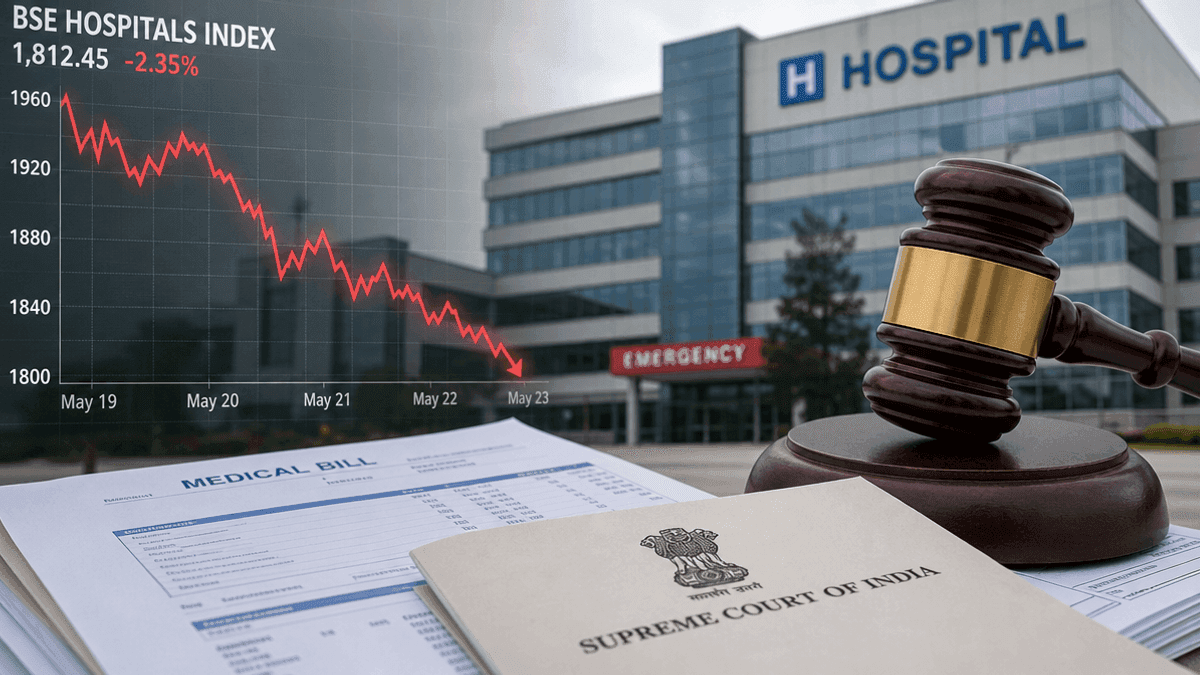 A downward-trending stock market graph overlaid on a hospital building with a gavel resting on medical documents.