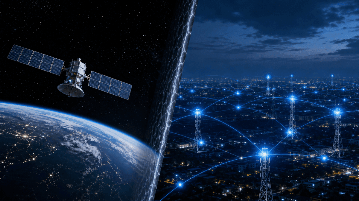 A split image featuring a satellite in orbit on the left and a glowing network grid on the right.