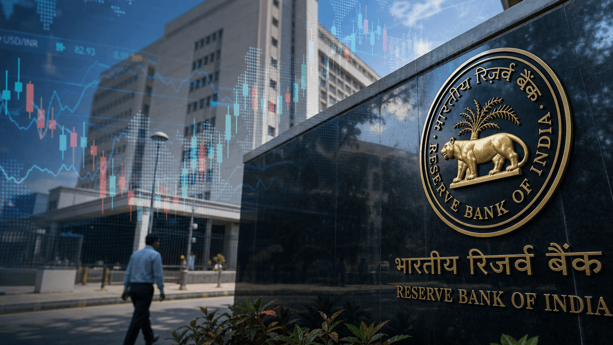 The Reserve Bank of India headquarters building in Mumbai with a blurred financial chart overlay.