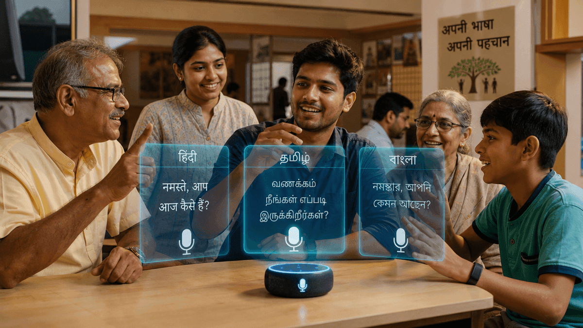A diverse group of people use voice-activated technology displaying text in various Indian scripts.