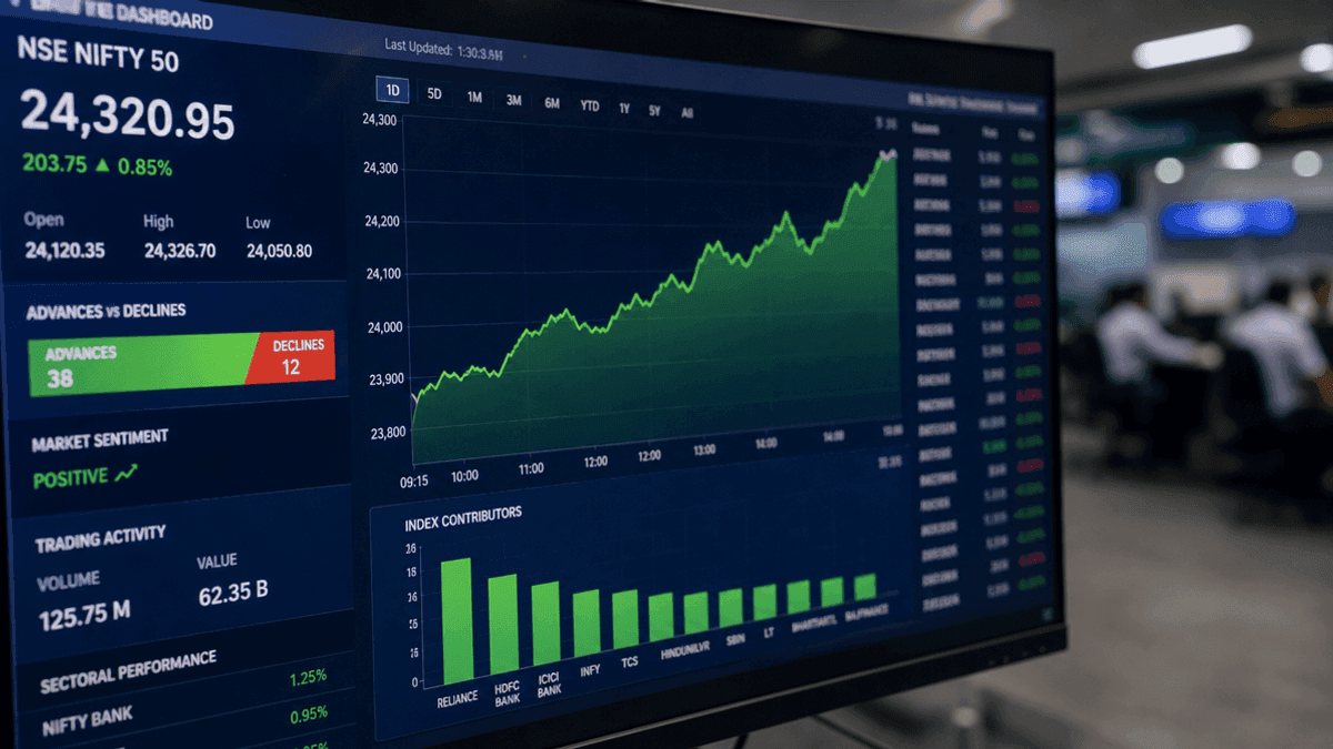 A close-up of a computer screen showing financial stock market charts with green upward-trending lines and data metrics.