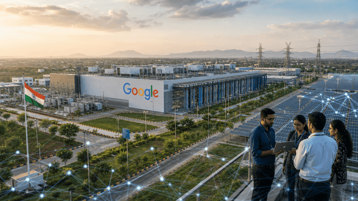 A data center building with solar panels in an Indian landscape, with digital network lines overlaying the scene.