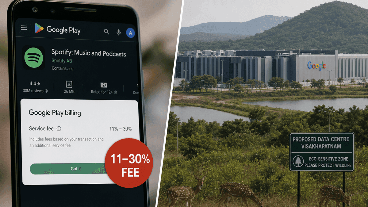 A split image showing a smartphone screen with Google Play billing fees next to a data centre near a wildlife sanctuary.