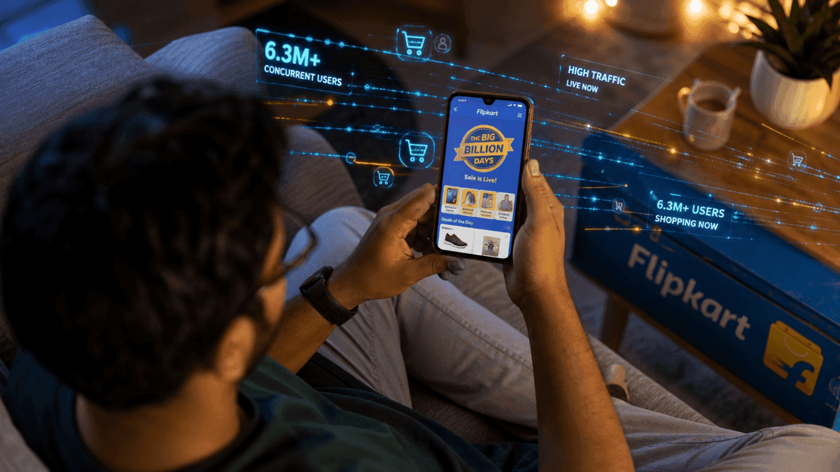 A person holds a smartphone displaying a shopping app interface while sitting in a room with digital light trails.