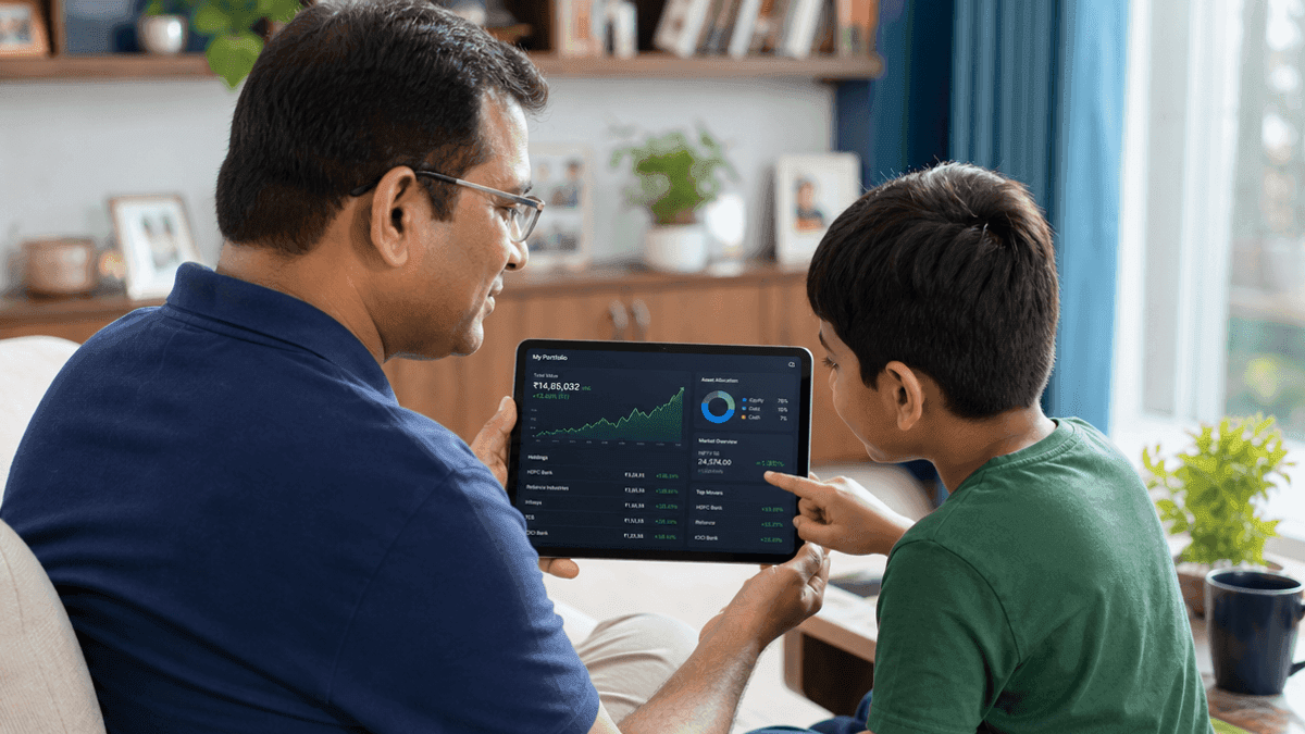 A parent and child look at a tablet screen displaying stock market graphs and investment data in a home setting.