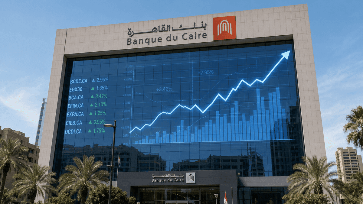The exterior of the Banque du Caire building in Cairo with digital stock market charts overlaid on the glass facade.