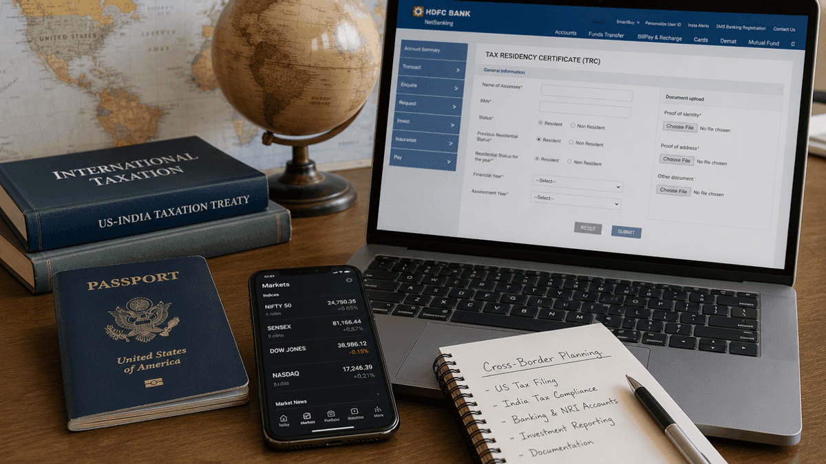 A desk setup featuring a passport, a smartphone showing an app, and a laptop with forms on the screen.