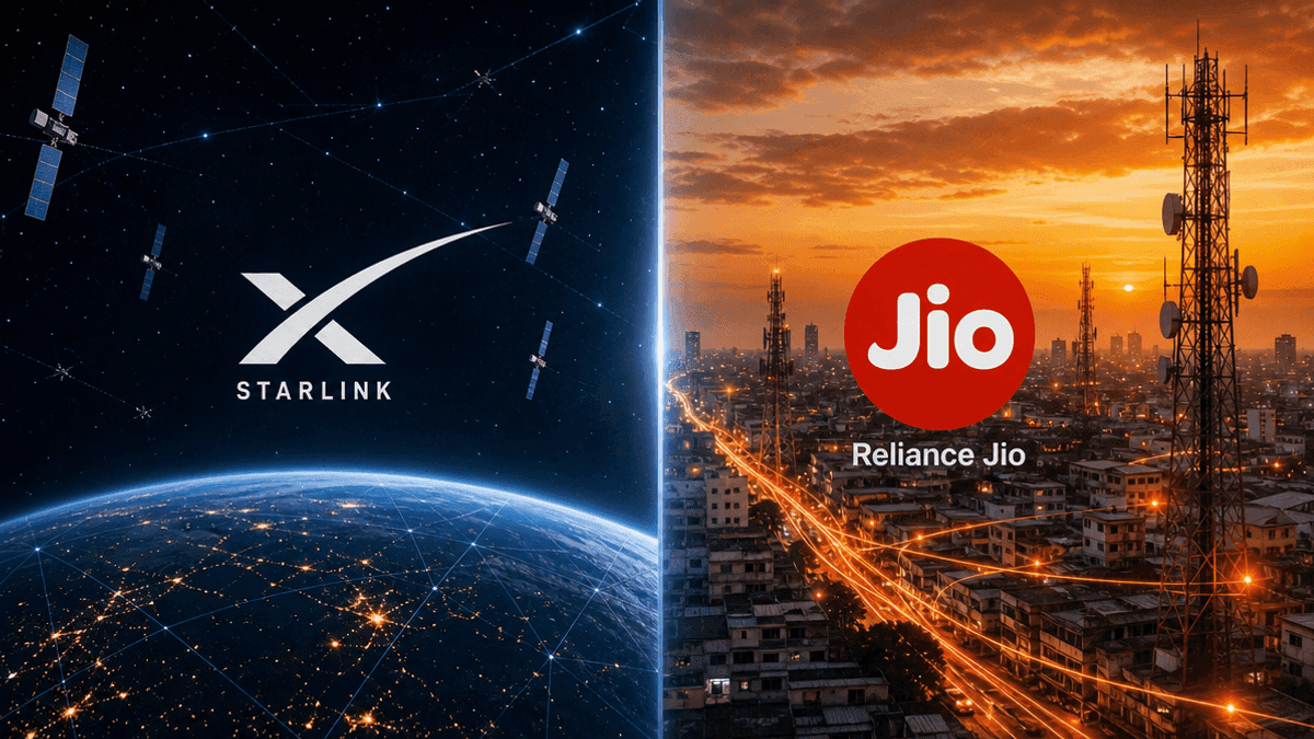 A split-screen graphic showing satellite constellations above Earth on the left and Indian telecom infrastructure on the right.