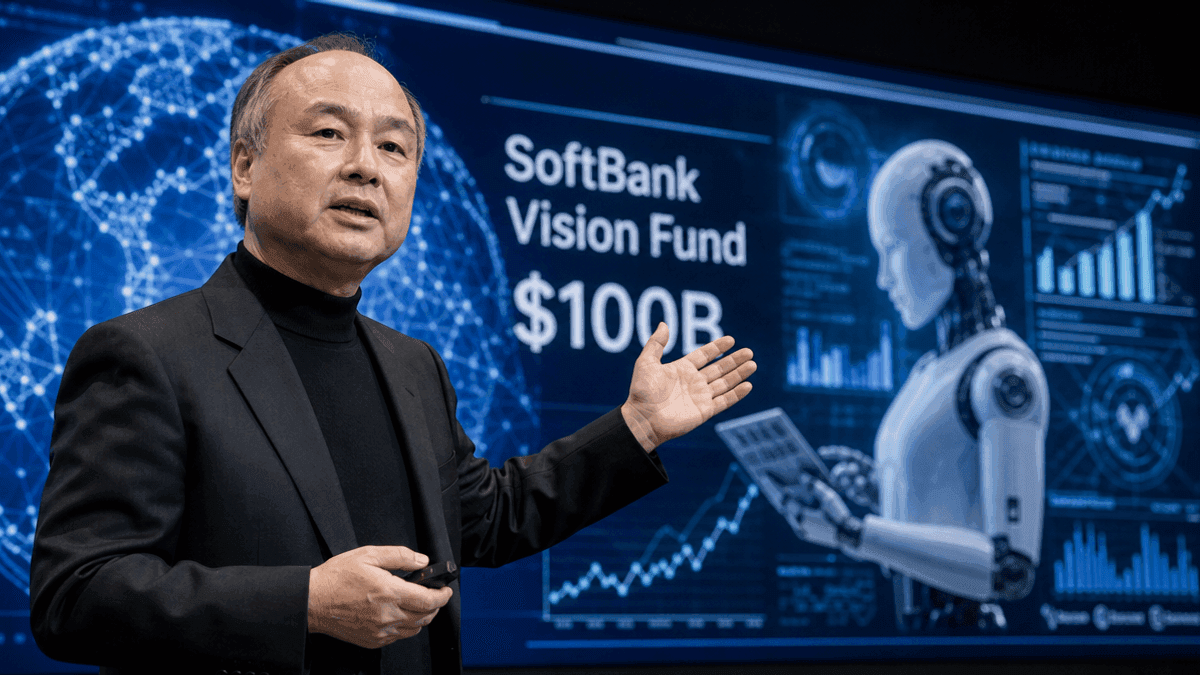 Masayoshi Son stands in an office, gesturing toward a digital display showing abstract robotics and data patterns.