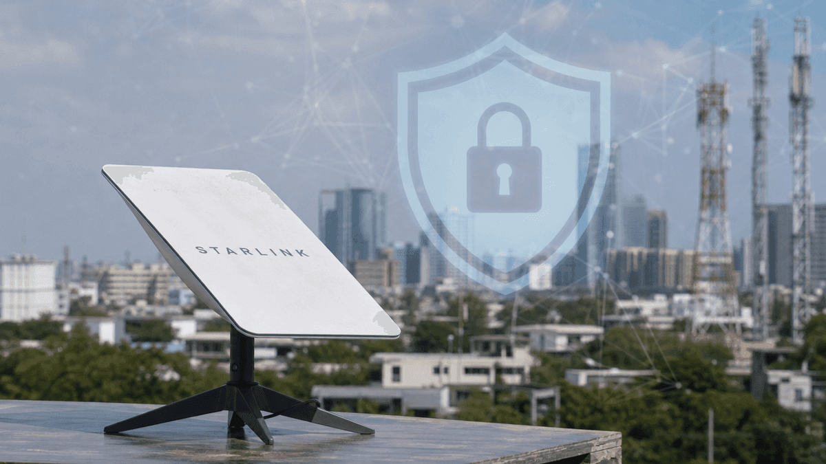 A Starlink satellite dish antenna sits on a surface with a shield icon superimposed in the background.