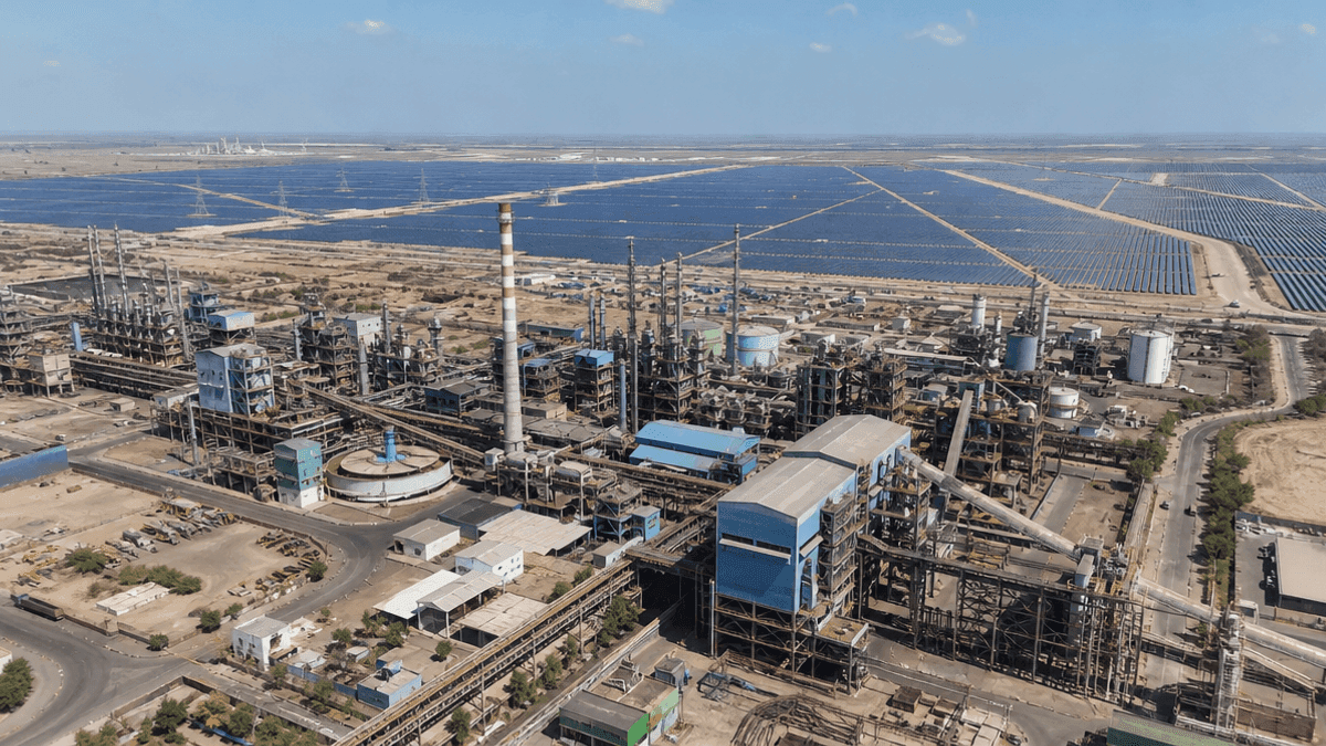 A wide shot of the Kutch Copper refinery in Mundra, Gujarat, showing industrial buildings next to a large solar energy farm.