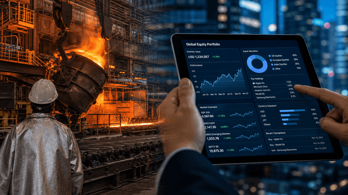 A split image showing a steel factory with molten metal on the left and a tablet displaying stock market charts on the right.